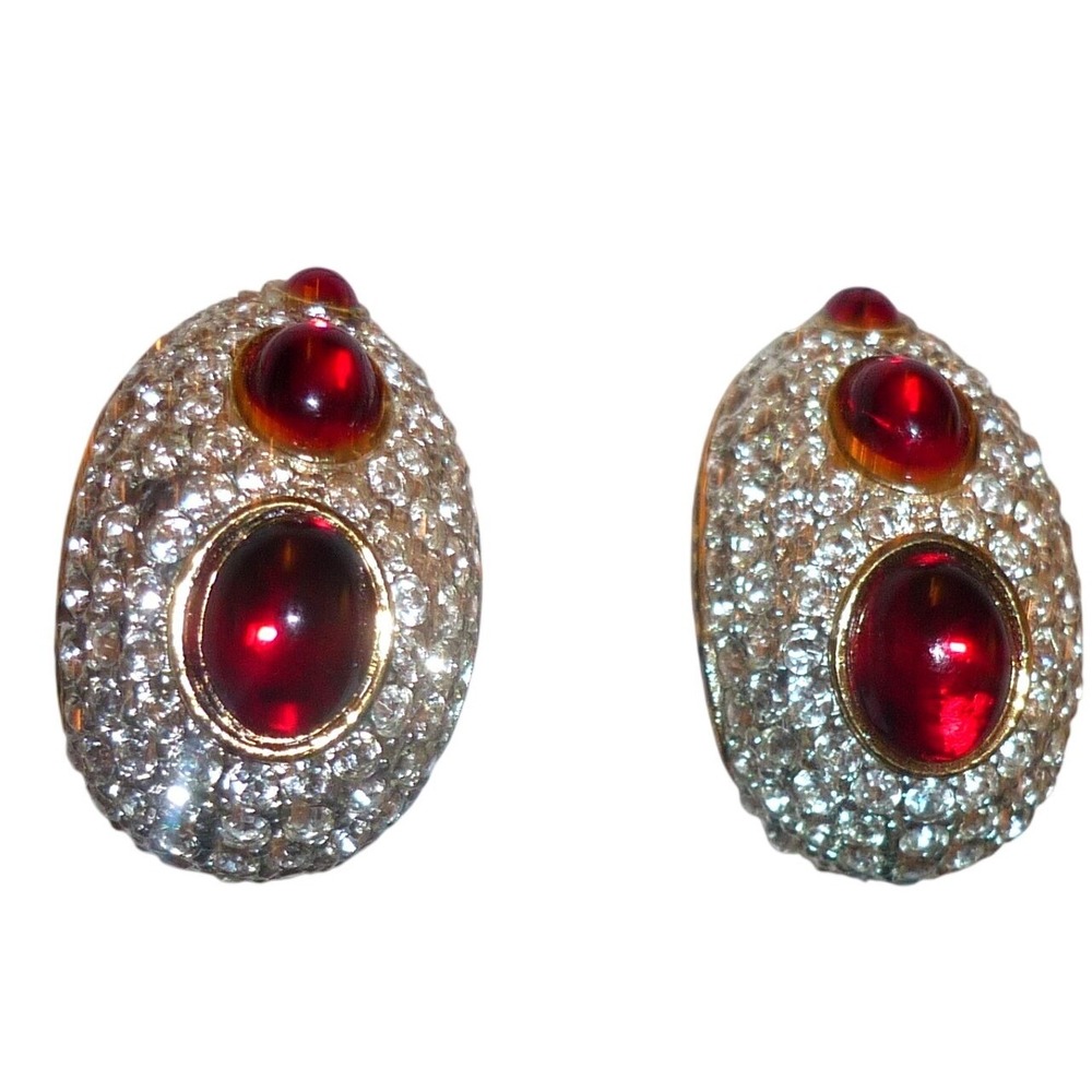 Vtg Swarovski Swan Logo Pave Crystal Ruby Red Cabochon statement Clip Earrings